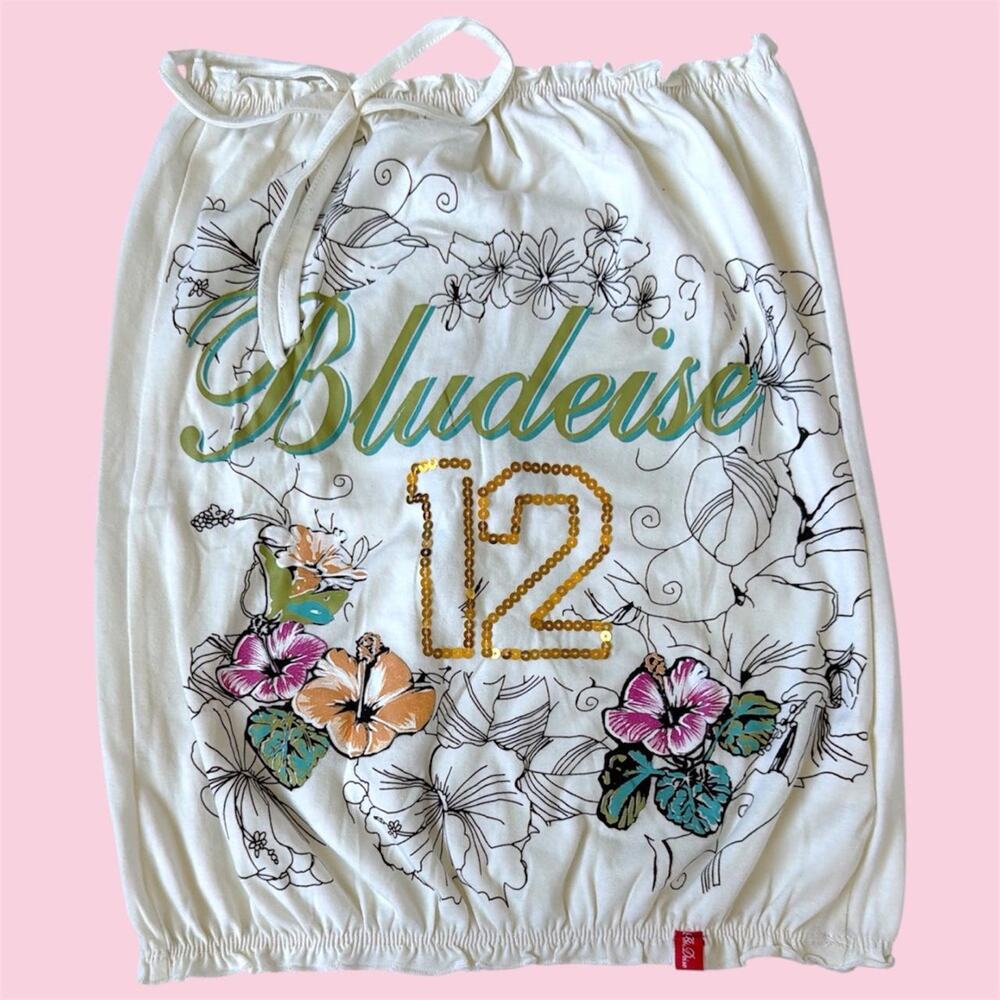 Euro Y2K deadstock Bludeise white tube top with floral design and gold sequin